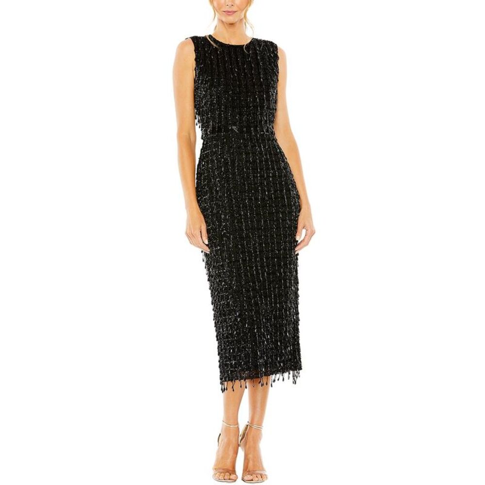 Mac Duggal Womens  High Neck Beaded Midi Dress, Black